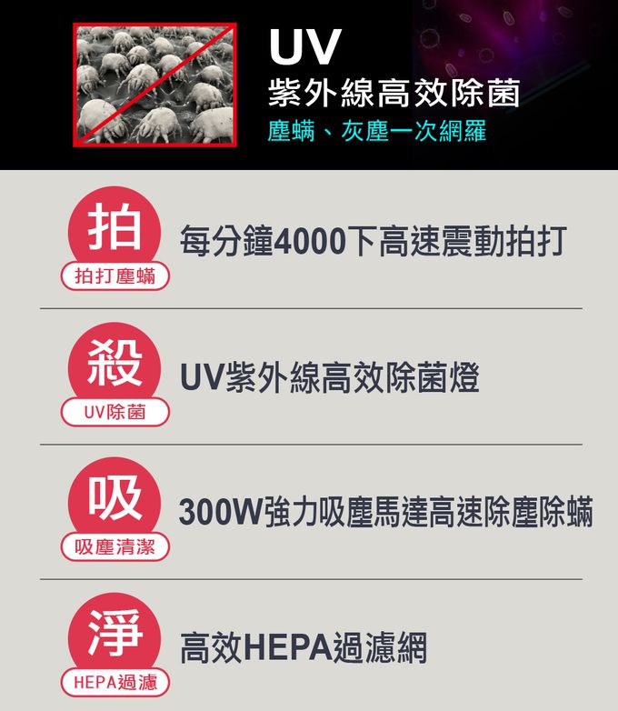超大吸力，有效除蟎     
