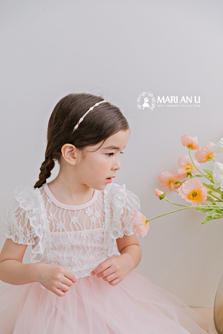 韓國 mari an u - 蕾絲透膚上衣拼接網紗洋裝-粉紅