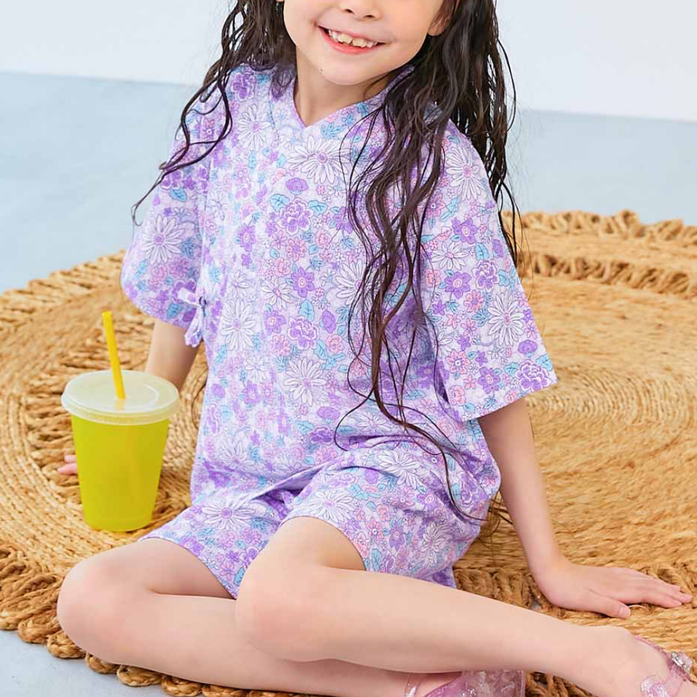 夏日風情涼爽紋理甚平套裝-普普花朵-紫