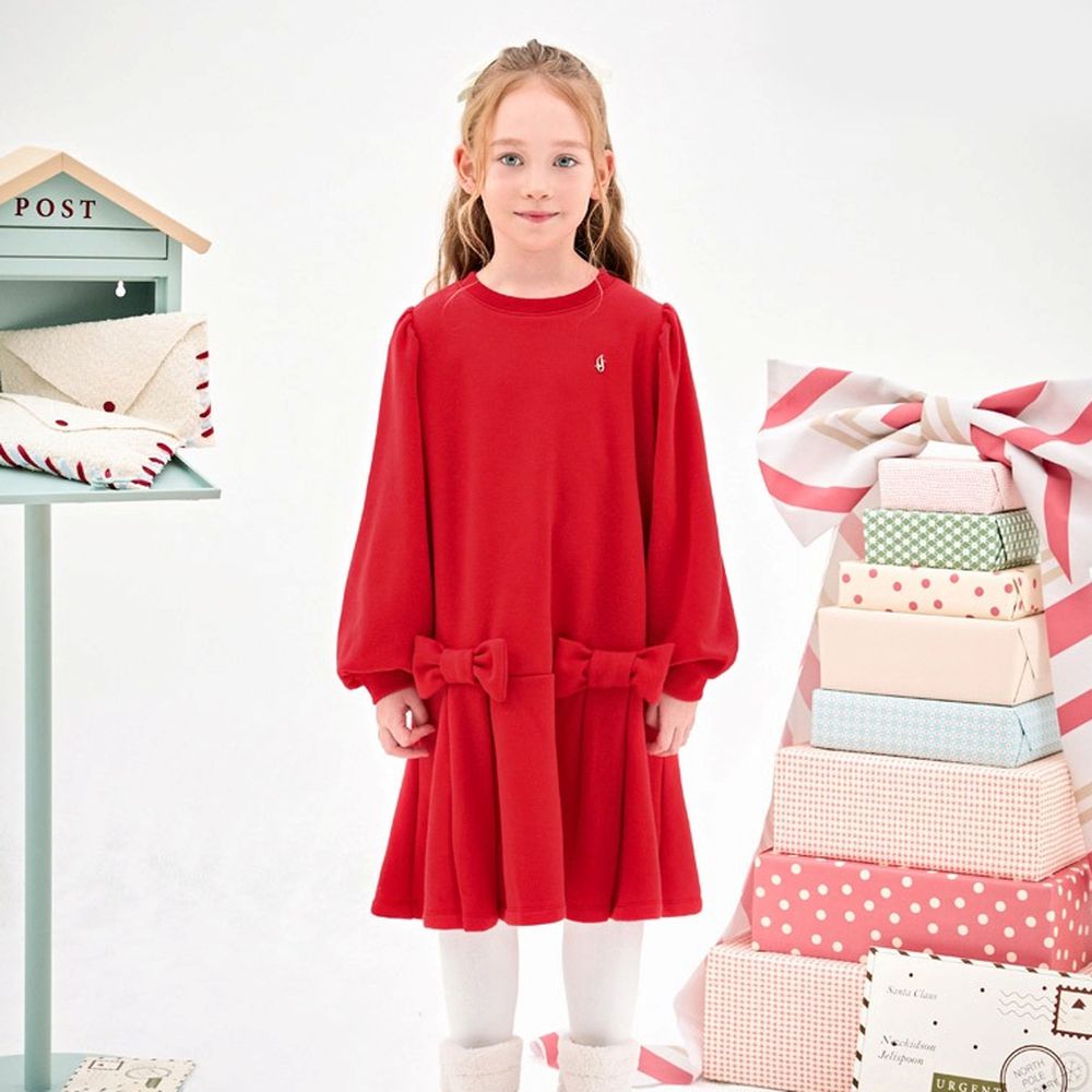 紅通通大蝴蝶結裝飾內刷毛蓬袖連身洋裝