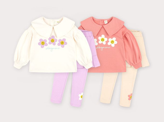 韓國 HEJMINI - 微笑白花裝飾澎袖內搭褲裙套裝-粉X淡橘