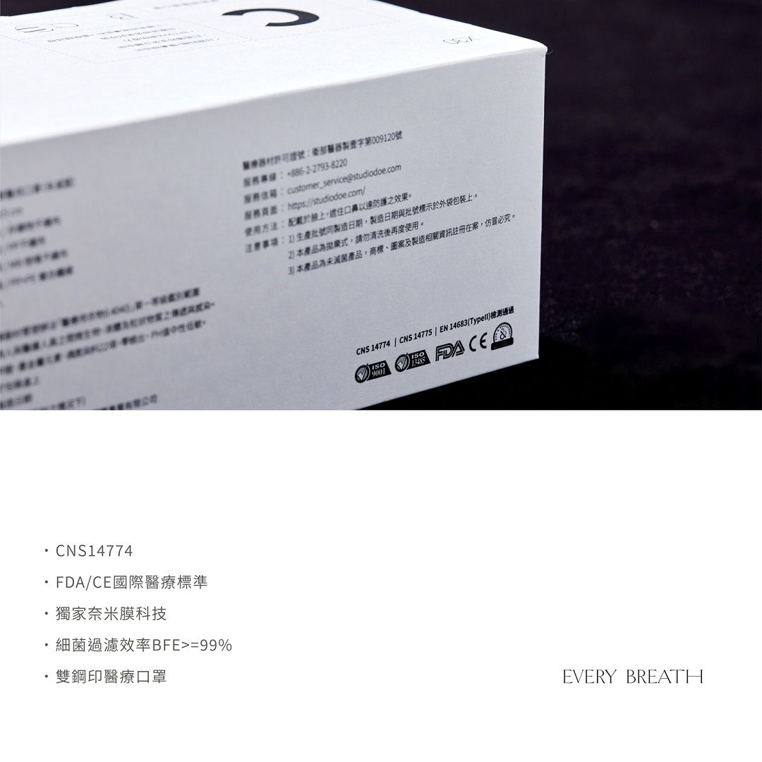 EVERY BREATH - 成人醫療級雙鼻壓條平面口罩/一心一罩/雙鋼印/台灣製-深呼C-靜謐裸-30入/盒(未滅菌)