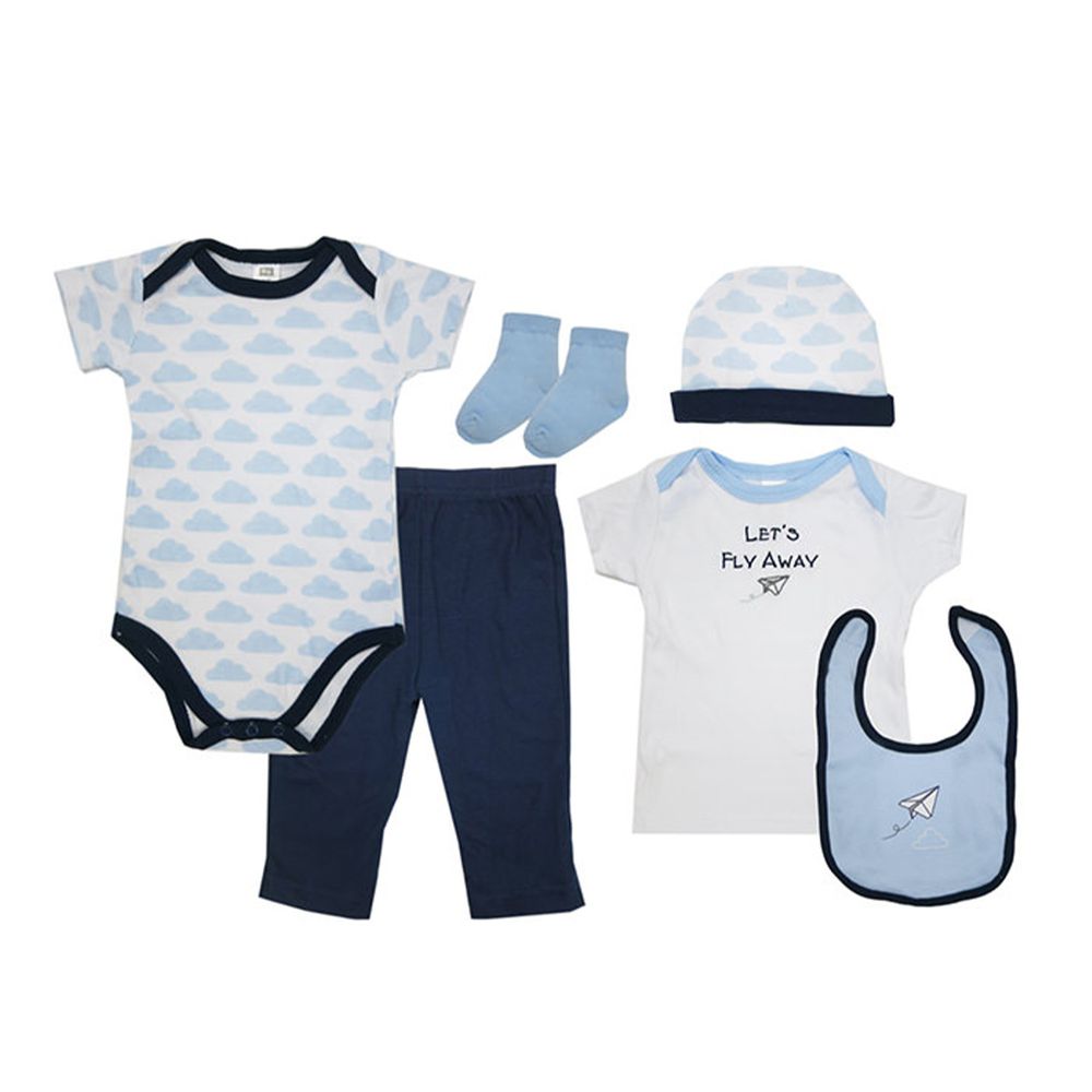 美國 Luvable Friends - 嬰幼兒包屁衣與長褲6入禮盒組-藍色紙飛機 (0-3M)