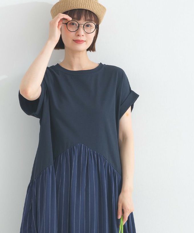 日本 Lupilien - [人氣款]亞麻混紡條紋拼接短袖洋裝-芥末黃