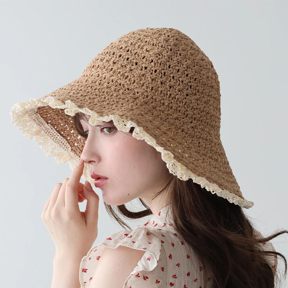 蕾絲滾邊清爽夏日漁夫帽-棕色