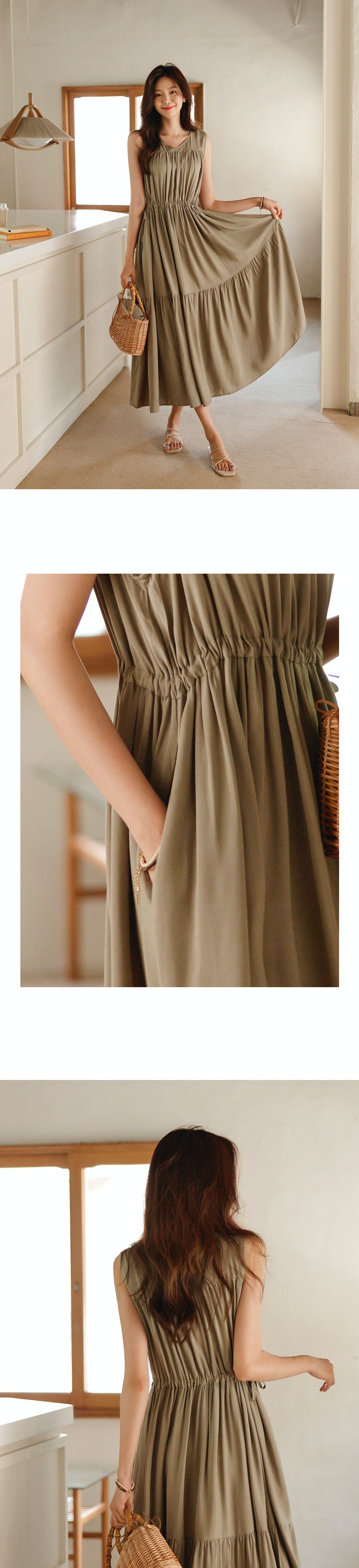 韓國 Urbantheroom - 腰間抓皺綁帶無袖長洋裝-卡其綠 (Free)