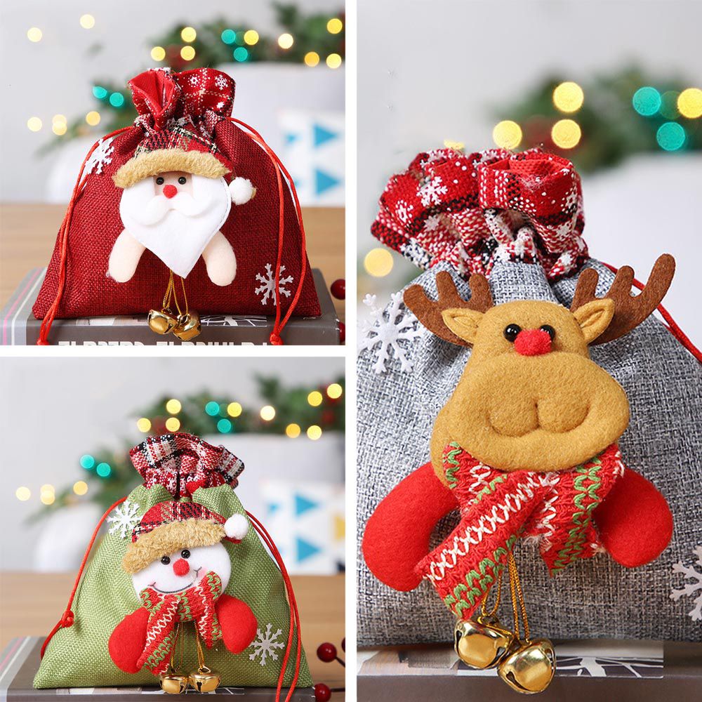 聖誕節造型鈴鐺綜合禮物袋-聖誕雪人+聖誕老人+聖誕麋鹿-綠+紅+灰 (3入)-19x17cm