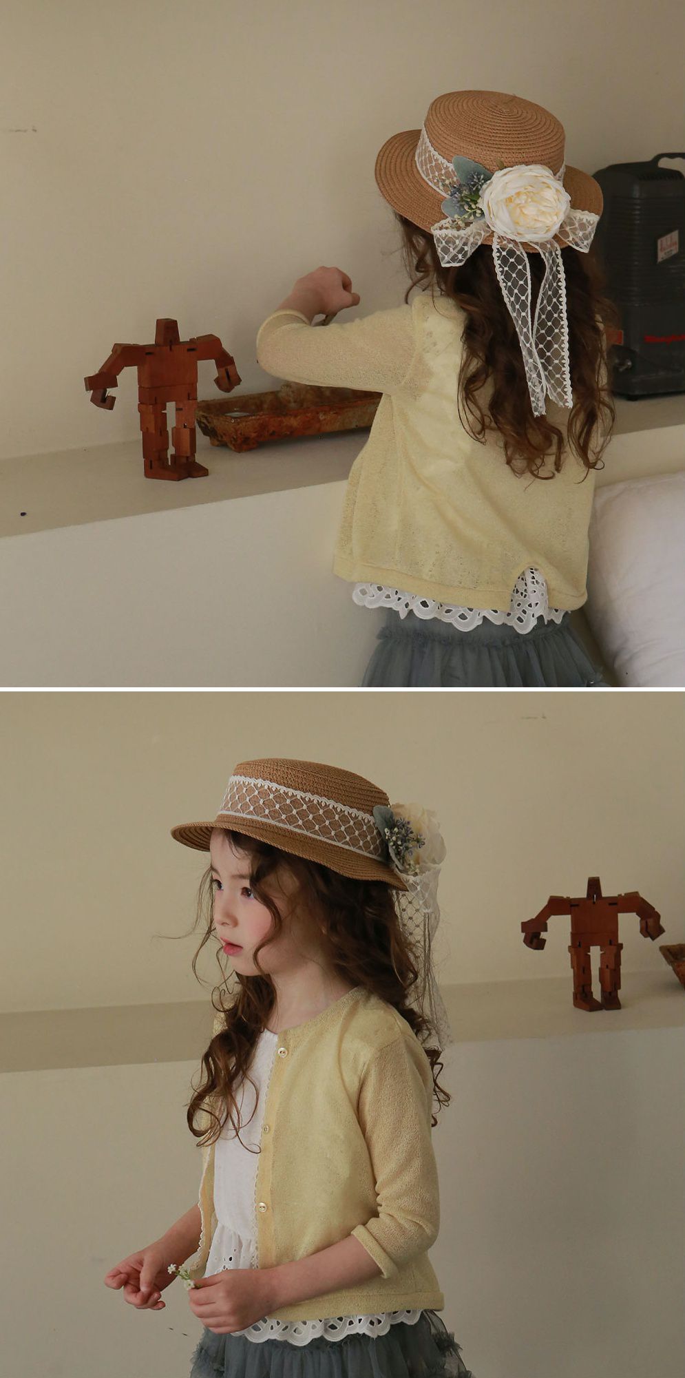 韓國 PuellaFLO - 唯美花朵菱格紋蕾絲草帽 (3-7Y適用)