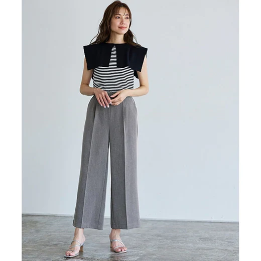 日本 Pierrot - 熱銷定番 打褶修身西裝寬褲-淺灰杏