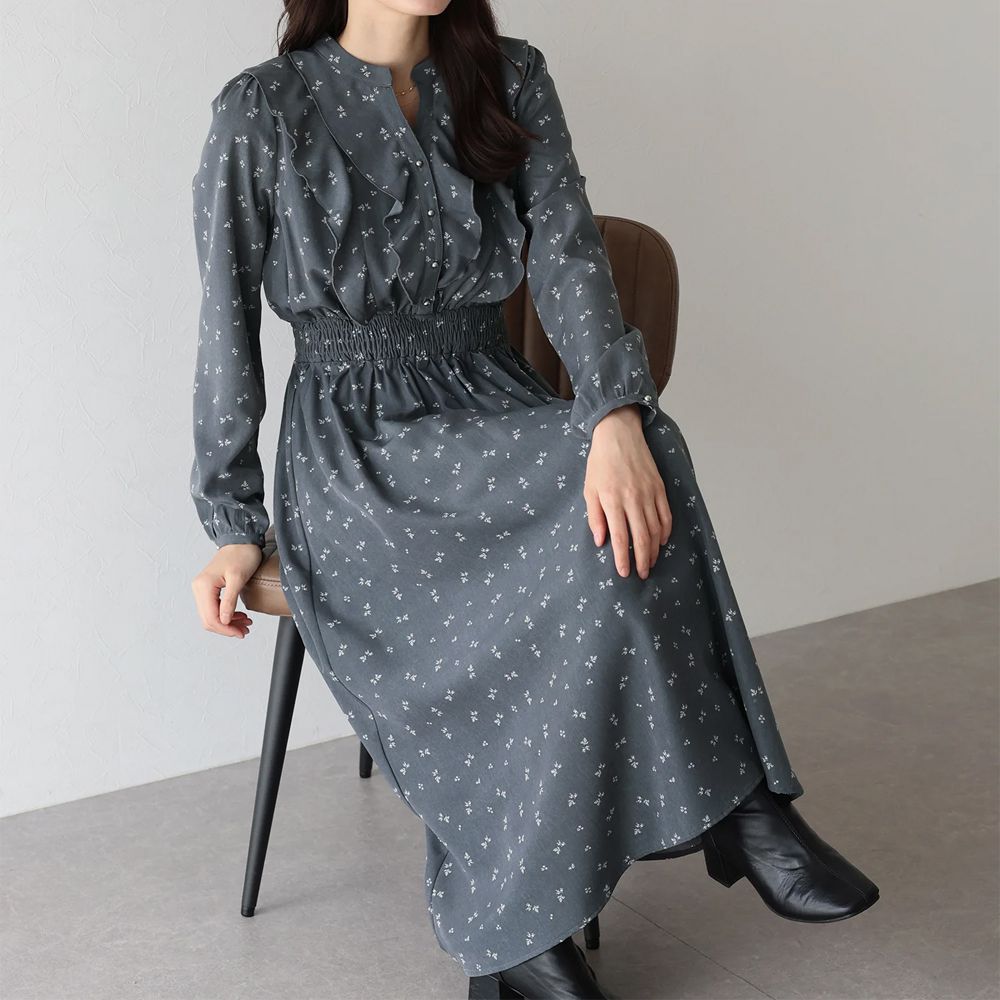 成熟摺邊典雅小花束腰長袖洋裝-深灰
