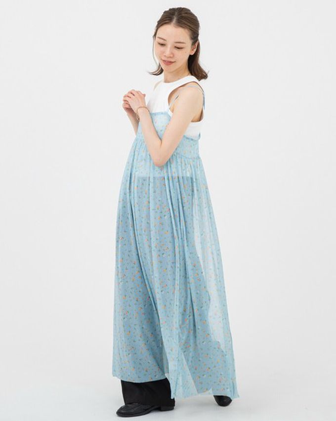 日本 gleam - 前後2way浪漫小花細肩帶薄紗洋裝-黑