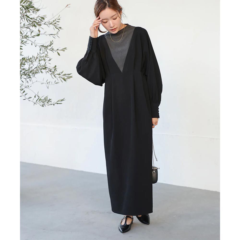 日本 Bab - 大V領拼接唯美歐風長袖洋裝-黑