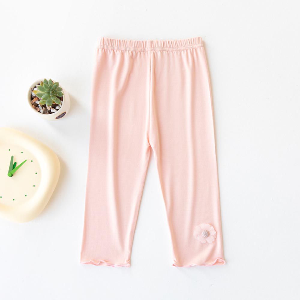 FANMOU - 莫代爾透氣七分內搭褲-甜美花朵-粉橘色-滾邊顏色隨機