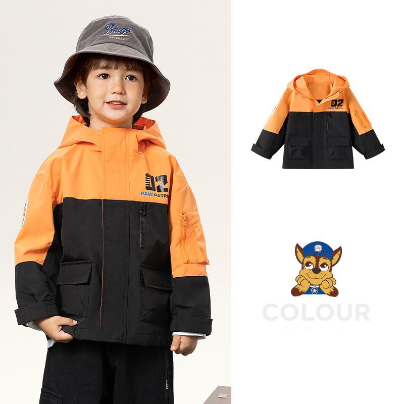 卡通汪汪隊防風防水連帽衝鋒外套-卡通人物阿奇-米白+深藍