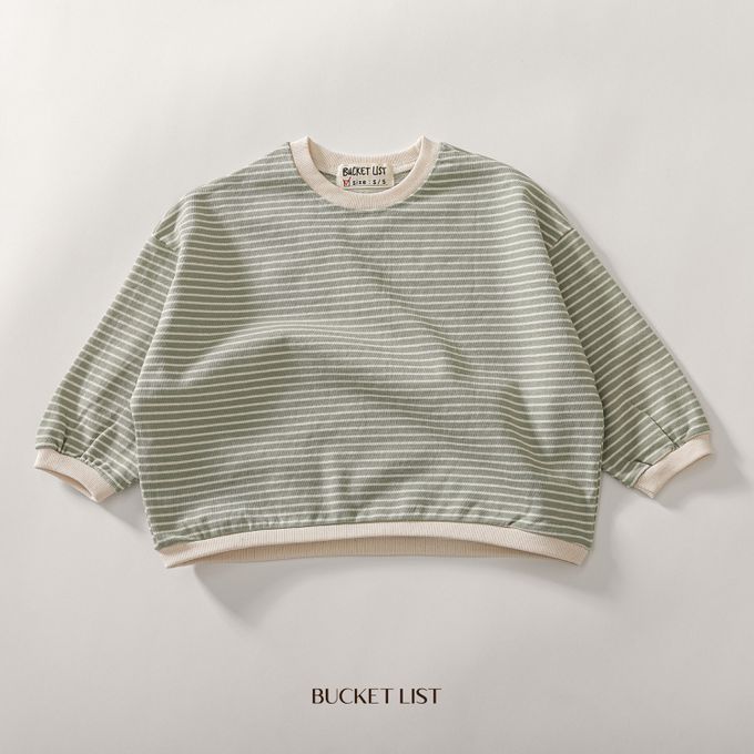 韓國 BUCKET LIST - 寬鬆橫紋大落肩長袖大學T-湖水綠