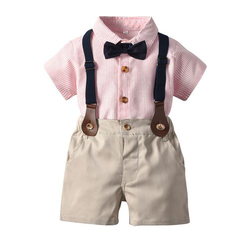 TemDoger - 條紋小紳士短袖套裝-粉色