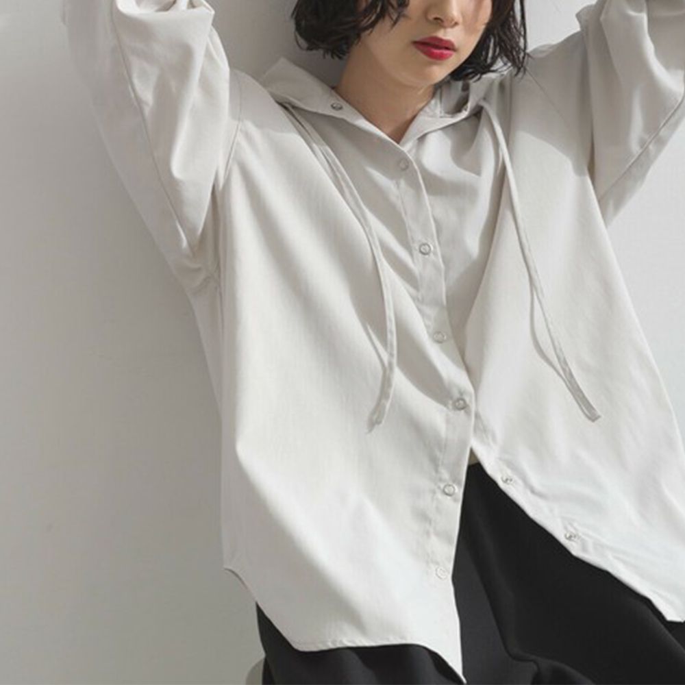 復古風磨毛寬版連帽長袖襯衫-灰杏