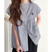 日本 Classical Elf - 刺繡logo成熟俐落法式袖襯衫-海軍藍條紋
