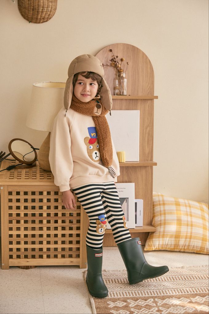 韓國 Mimico - (內磨毛)鬆緊腰彈力內搭褲-條紋棕熊-黑X白