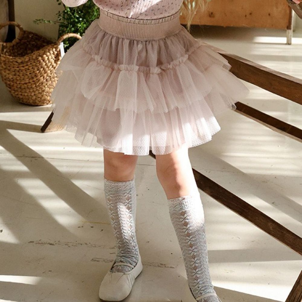 Puellaflo 鬆緊腰夢幻帶光澤感層次網紗蓬蓬裙-粉