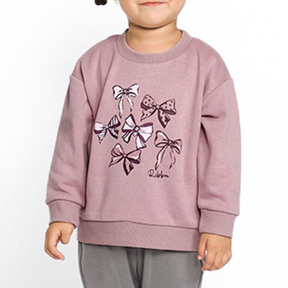 裏起毛俏皮印花長袖上衣-O好多蝴蝶結-煙燻粉