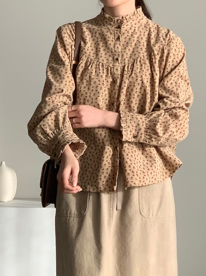 韓國女裝連線 - 滿版小花朵燈芯絨長袖襯衫-卡其 (FREE)