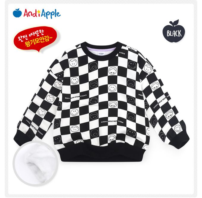 韓國 AndiApple - 圓臉黑白格內刷毛大學T