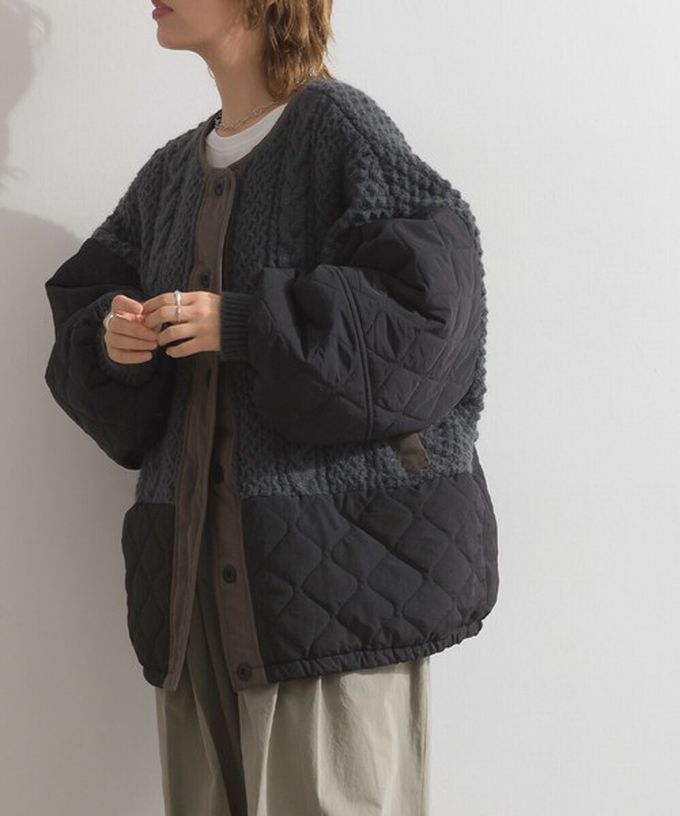 日本 Lupilien - 立體麻花絎縫拼接無領保暖外套-象牙