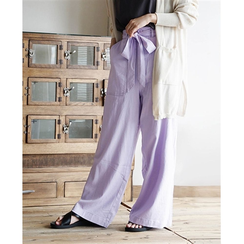 日本 zootie - 麻料舒適綁帶寬褲-粉紫