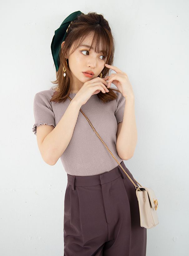 日本 GRL - 圓領木耳捲邊合身短袖上衣-煙燻粉