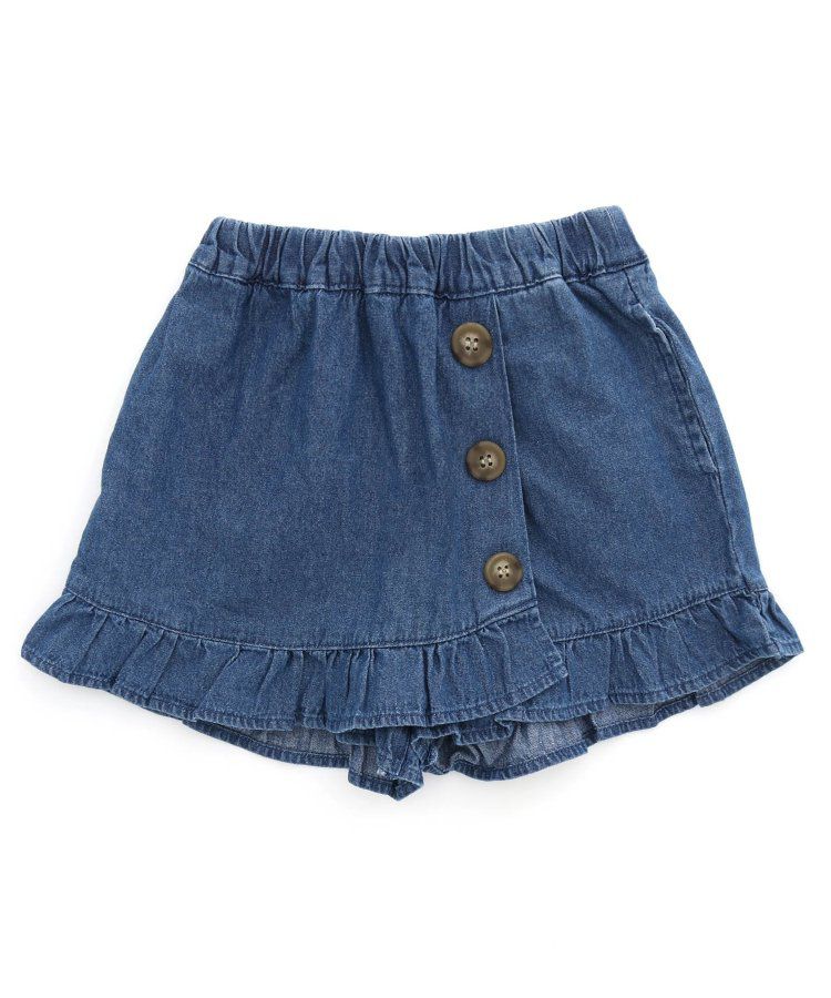 日本 apres les cours - 荷葉邊俏麗排扣褲裙-丹寧藍