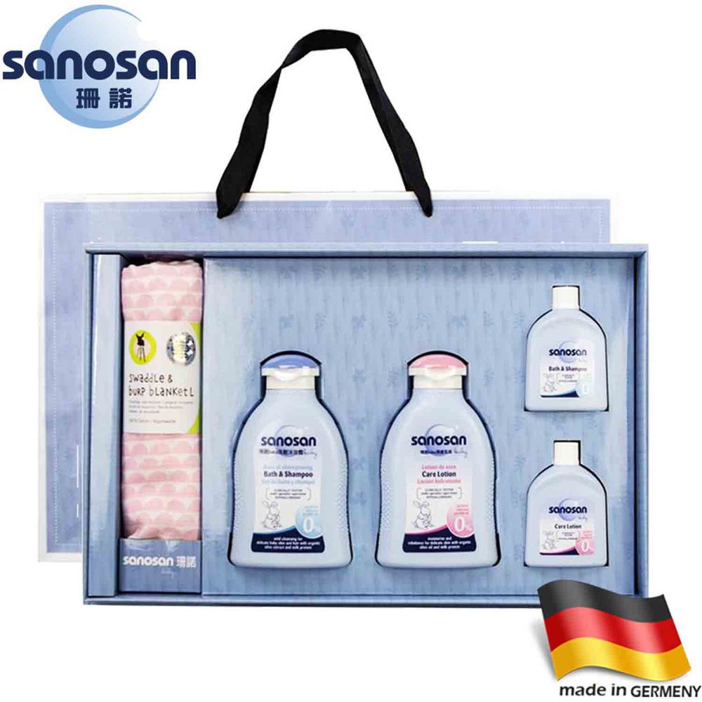德國珊諾sanosan - baby喜迎新生呵護包巾禮盒-內含：baby洗髮沐浴露 200ml x1+baby潤膚乳液 200ml x1+baby洗髮沐浴露50m lx1+baby潤膚乳液50ml x1+ LASSIG嬰兒紗布包巾一入x1(附精美提袋)
