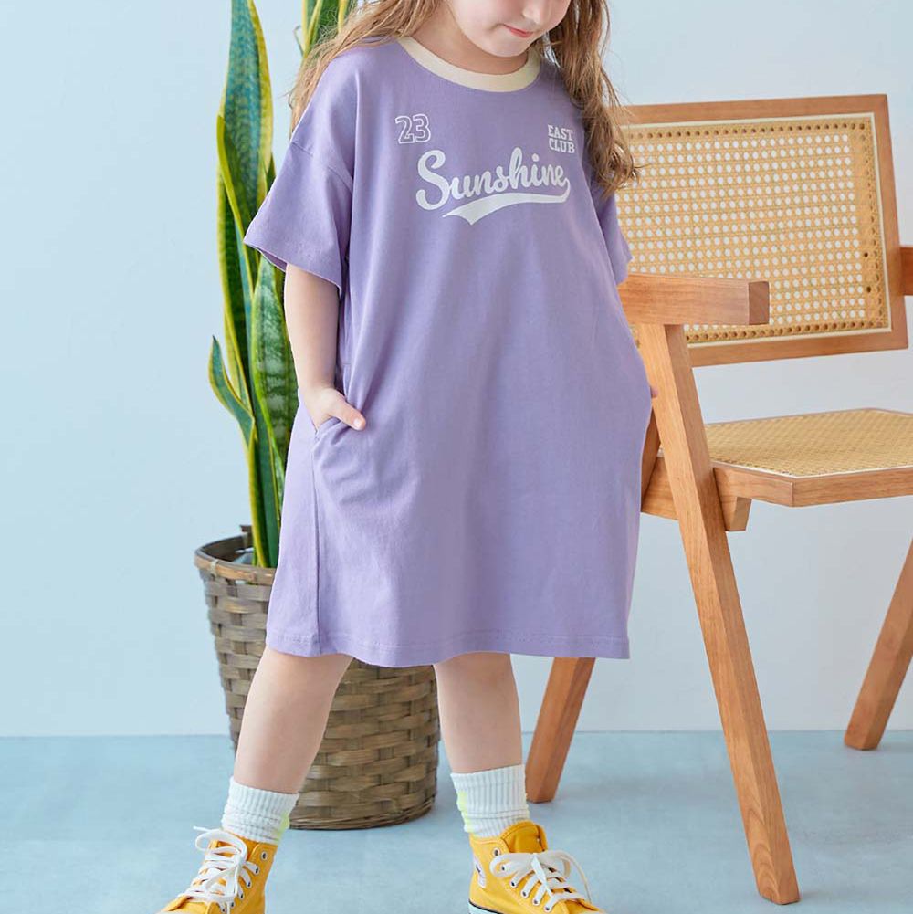 100%棉 率性印花短袖洋裝-英文字-紫羅蘭