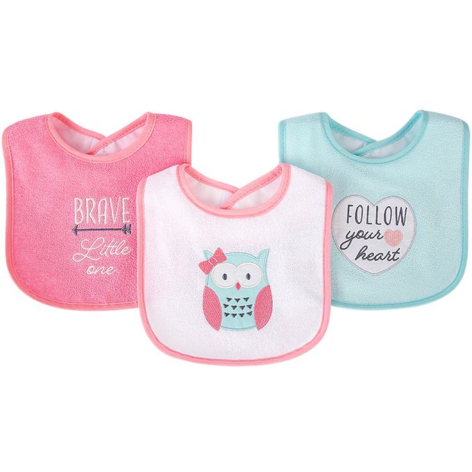 美國 Luvable Friends - 甜蜜寶貝嬰幼兒口水巾圍兜3入組(上層棉質吸水/底層防水)-貓頭鷹妹妹