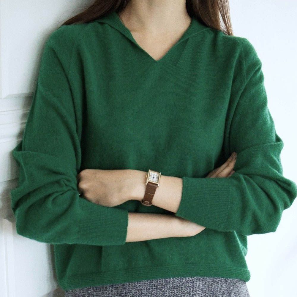 柔軟美麗諾羊毛無縫V字翻領長袖針織上衣-綠 (FREE)