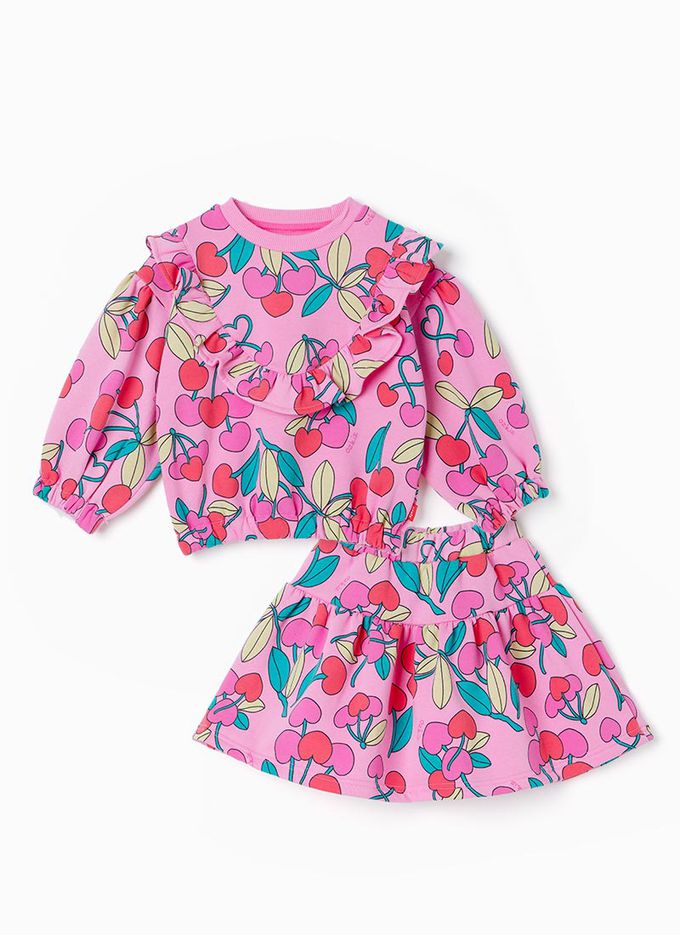 韓國 OZKIZ - 愛心櫻桃內磨毛長袖短裙套裝-桃粉