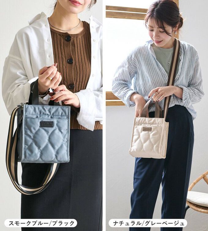 日本 LIZDAYS - 防潑水 輕巧絎縫方形側背小包-灰藍x黑