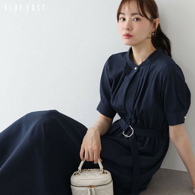 日本 BLUE EAST - 優雅打褶2way領束腰短袖洋裝-摩卡