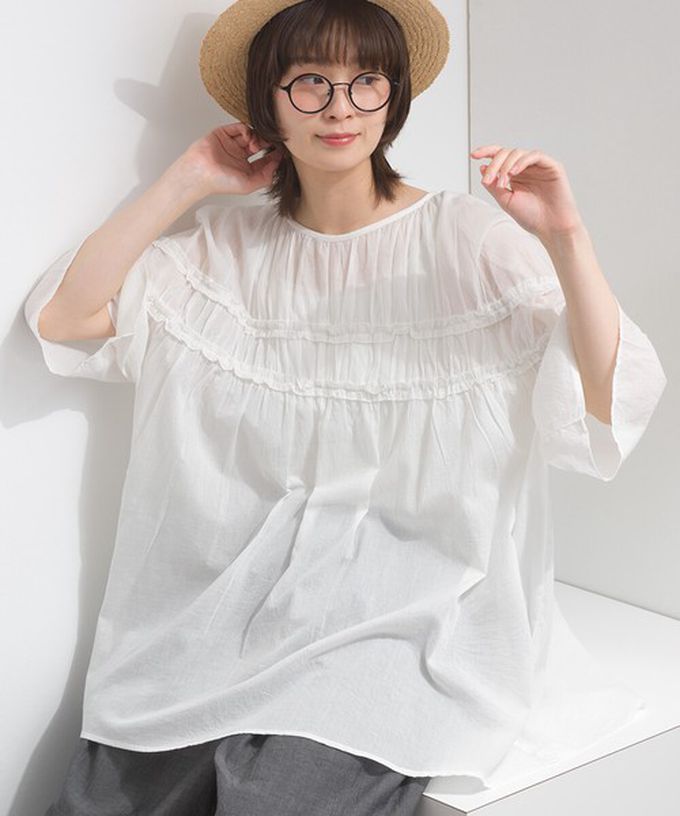 日本 Lupilien - 100%棉 輕盈感皺摺廓形五分袖上衣-藍