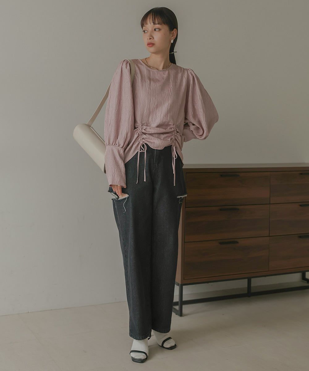 日本 Bab - 光澤感抽繩泡泡袖上衣-香檳