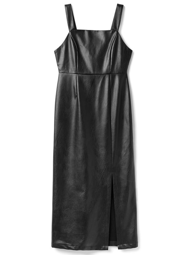 日本 GRL - 帥氣皮質開衩吊帶洋裝-簡約黑