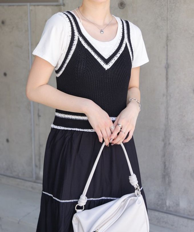 日本 Bab - 純棉針織拼接渡假風無袖洋裝-淺灰綠