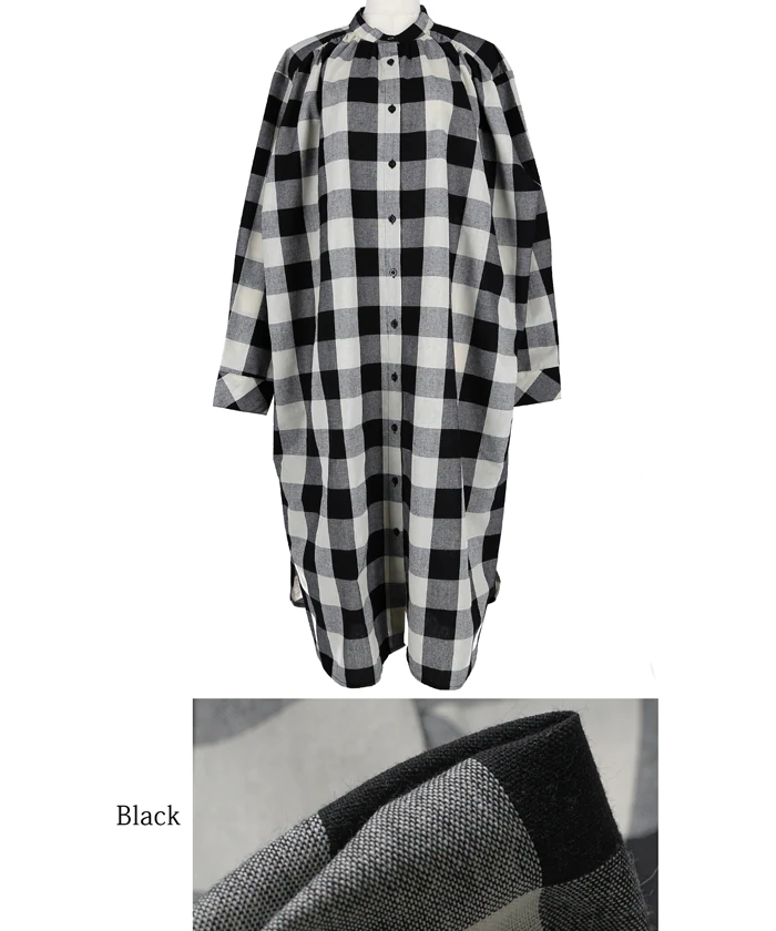 日本 COCA - 復古百搭黑白格子薄長袖襯衫洋裝/外套-黑白