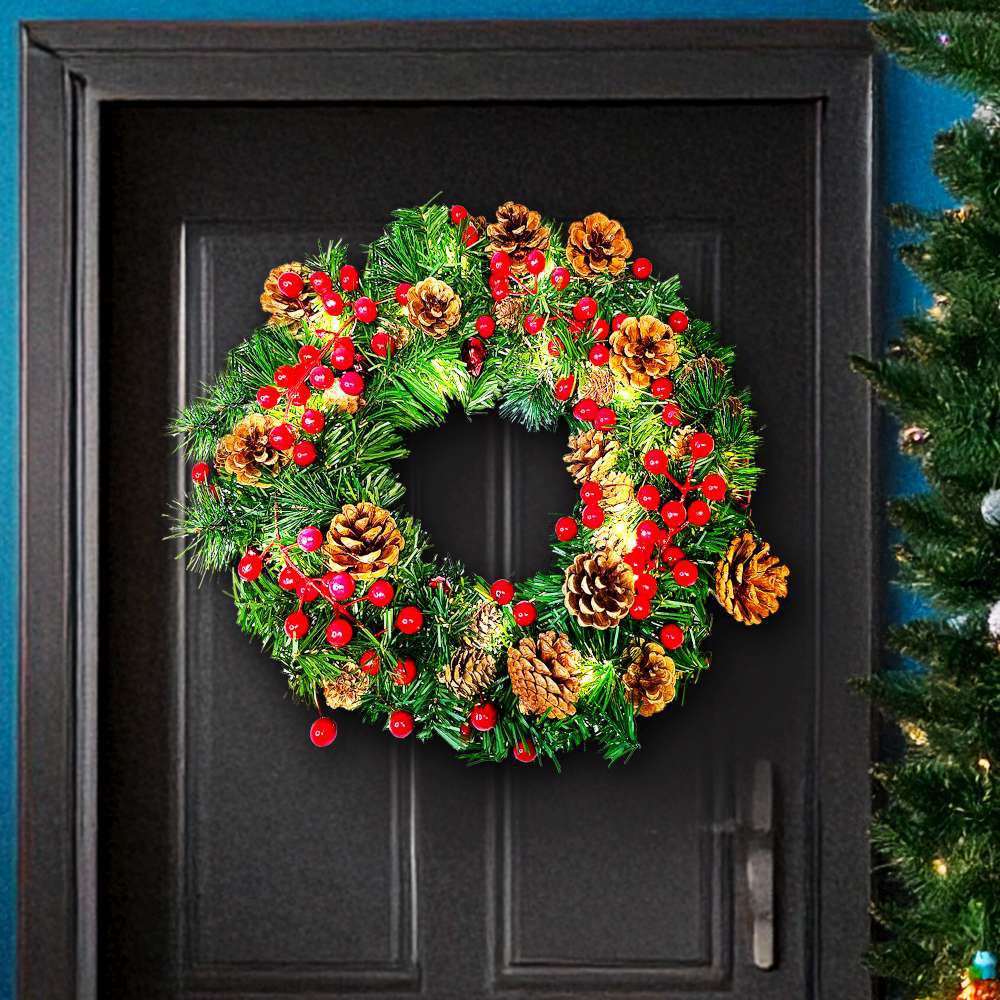 14吋豪華綠色裝飾聖誕花圈_豐盛紅金系+3米鈴鐺松果燈串-暖白光_USB控制器_本島免運費