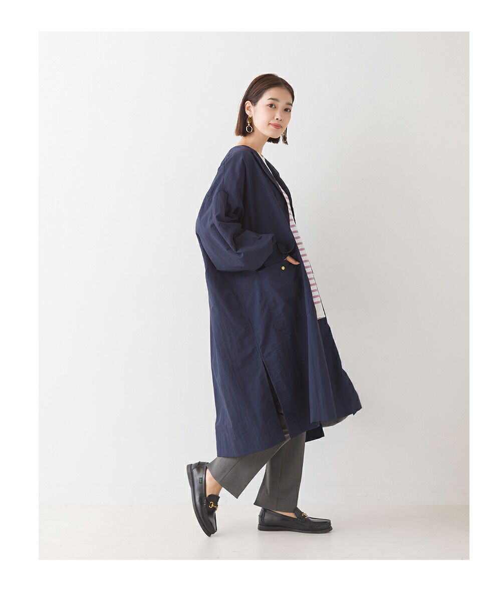 日本 OMNES - 撥水加工 輕量尼龍長版風衣-海軍藍
