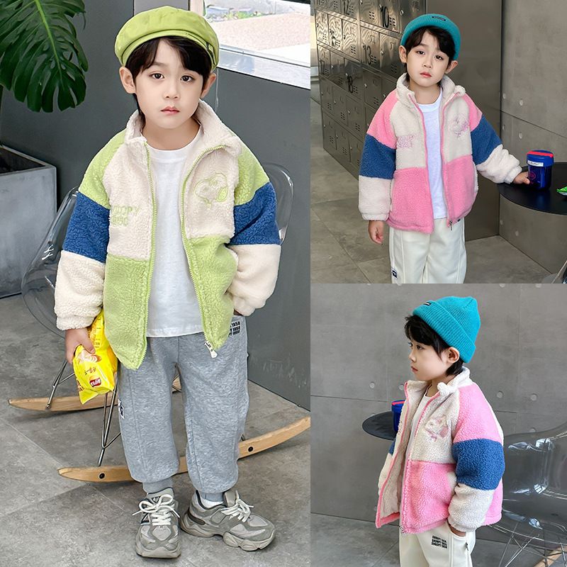 卡通人物史努比羊羔絨半高領拼色外套-SNOOPY刺繡-橘色