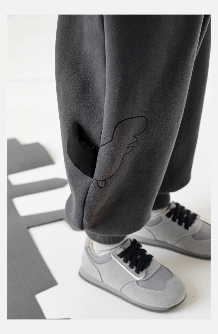 TONGMO - (加絨)腰鬆緊休閒束口長褲-描邊恐龍-深灰色