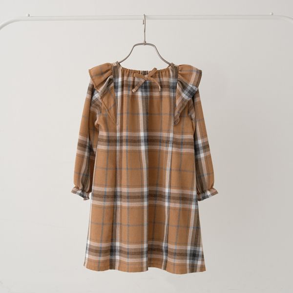 日本 Lycee mine - 法蘭絨浪漫細節長袖洋裝-卡其格紋