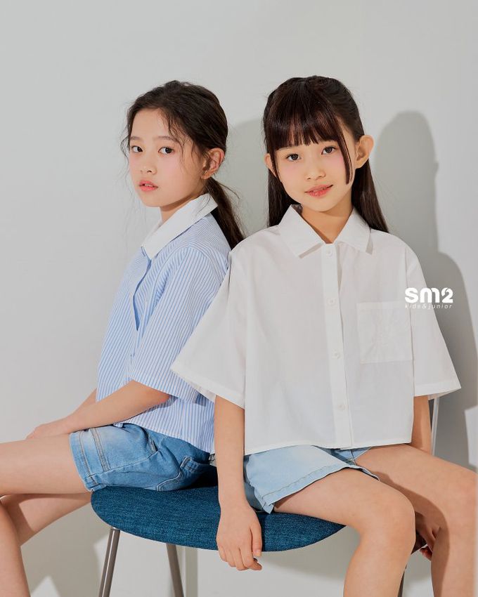 韓國 sm2 - 單口袋短版翻領襯衫-直紋-藍