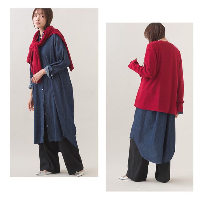 日本 OMNES - 柔軟丹寧風輕盈圓弧下擺長袖洋裝-深藍